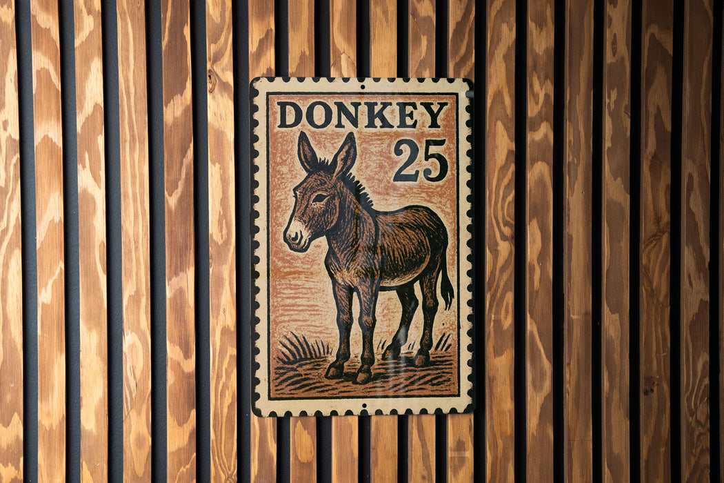 a donkey stamp with the number 25 on it, mounted on a wooden wall.