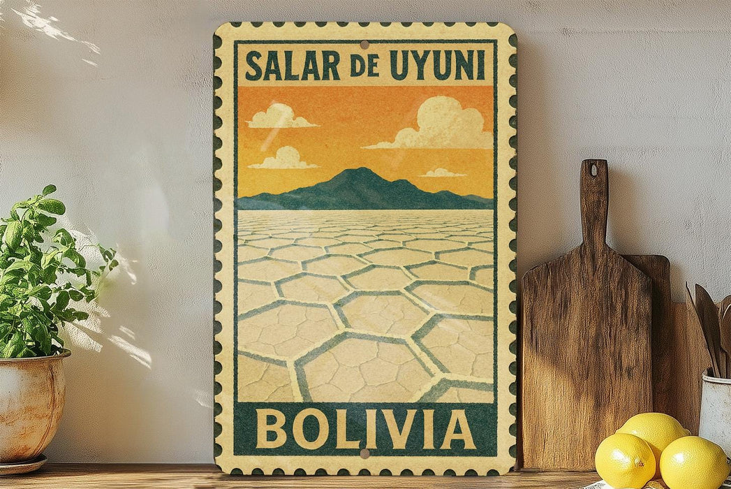 A vintage-style travel poster for Salar de Uyuni, Bolivia, featuring a desert landscape with mountains and a hexagonal pattern.