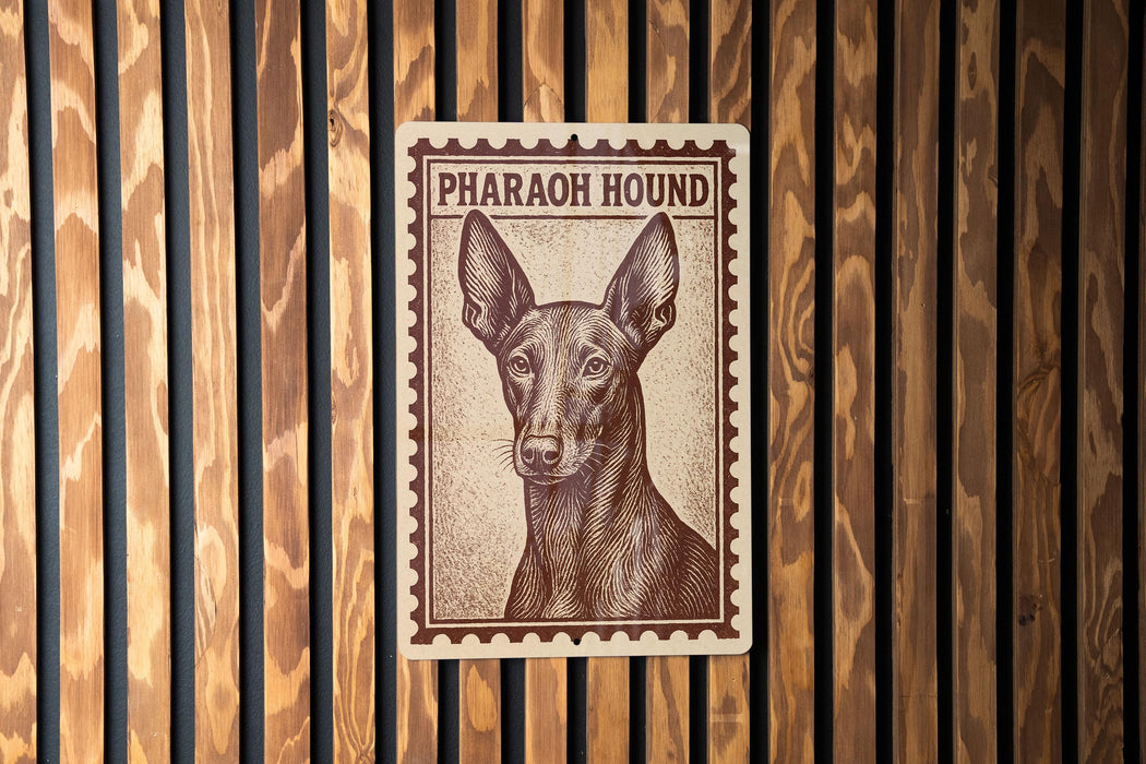A brown and white illustration of a dog, specifically a pharaoh hound, is displayed on a wooden surface.