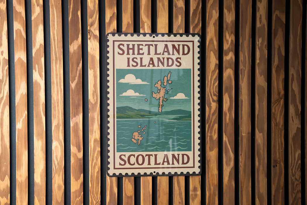 A vintage-style metal sign with the text "SHETLAND ISLANDS SCOTLAND" displayed on a wooden wall.