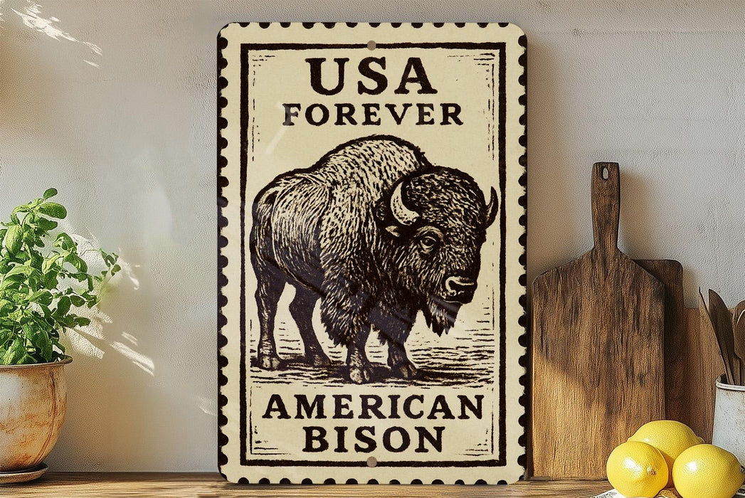 a metal sign with a bison illustration, placed on a wooden surface next to a wooden cutting board and some lemons.