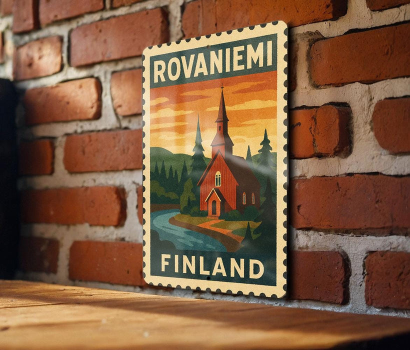 A vintage-style postage stamp featuring a church and a river, with the text "ROVANIemi FINLAND" printed on it, is displayed on a brick wall.