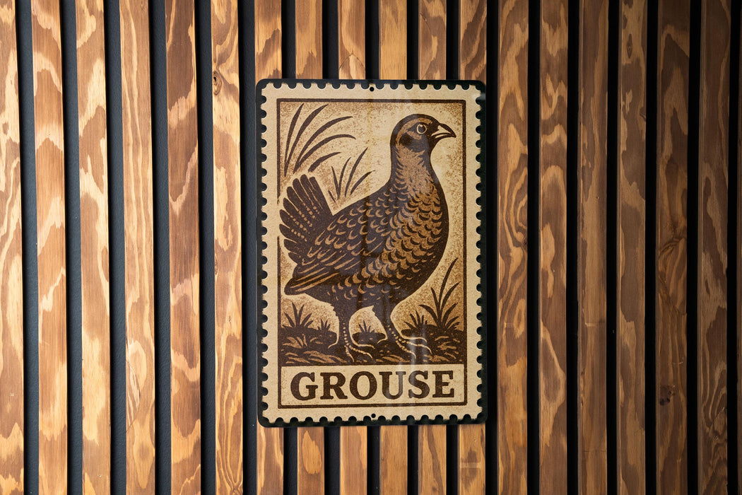 A metal sign with a bird illustration is mounted on a wooden wall.