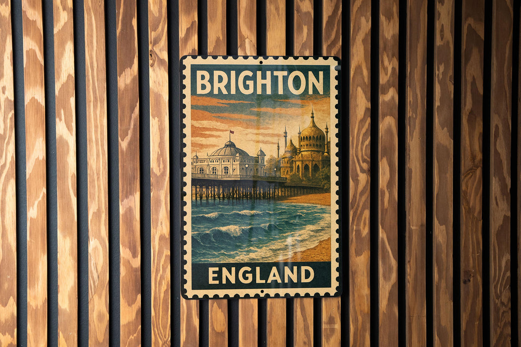 A vintage-style metal sign with the text "BRIGHTON ENGLAND" displayed prominently, featuring a scenic image of a coastal city with a pier and buildings.