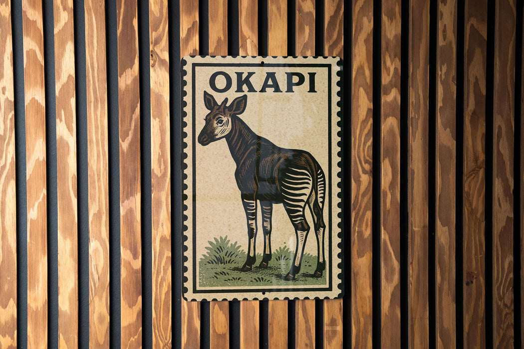 A wooden wall with a framed poster of a zebra, which is the main focus of the image.