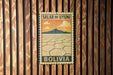 A vintage postage stamp from Bolivia featuring a desert landscape with mountains in the background.