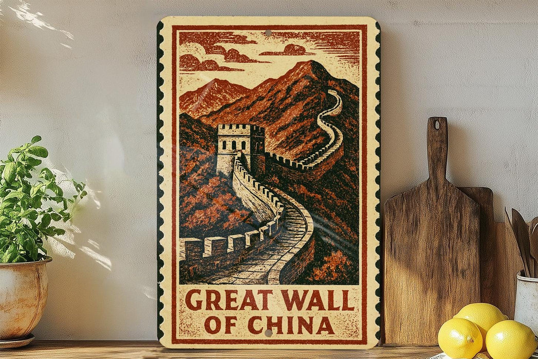 A framed illustration of the Great Wall of China, with the text "GREAT WALL OF CHINA" prominently displayed.