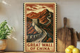 A framed illustration of the Great Wall of China, with the text "GREAT WALL OF CHINA" prominently displayed.