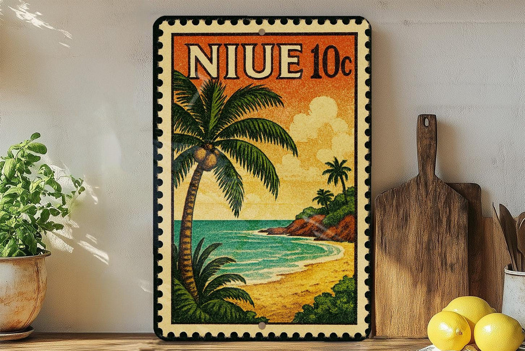 A vintage-style stamp depicting a tropical beach scene with palm trees, a sunset, and a rocky coastline.