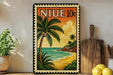 A vintage-style stamp depicting a tropical beach scene with palm trees, a sunset, and a rocky coastline.