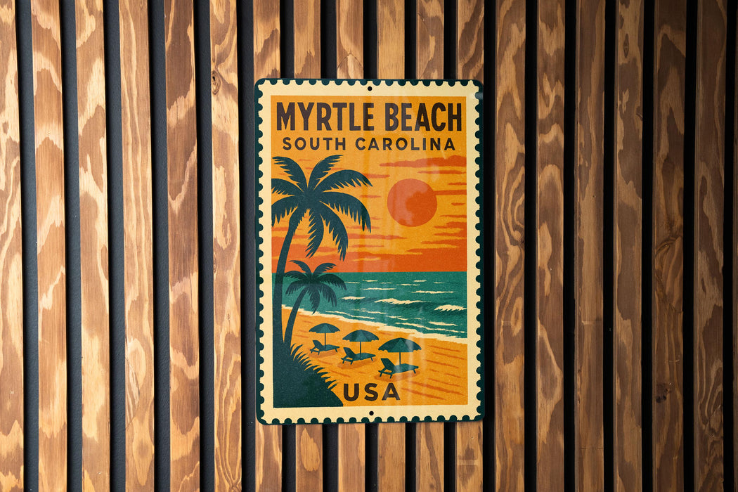 A vintage-style poster of Myrtle Beach, South Carolina, featuring a palm tree, beach, and sunset, is displayed on a wooden wall.