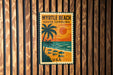A vintage-style poster of Myrtle Beach, South Carolina, featuring a palm tree, beach, and sunset, is displayed on a wooden wall.
