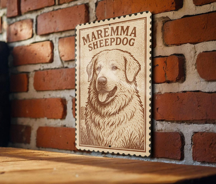 a wooden sign with a dog illustration on it, mounted on a brick wall.