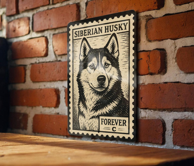 A metal sign featuring a black and white illustration of a Siberian Husky dog, mounted on a brick wall.