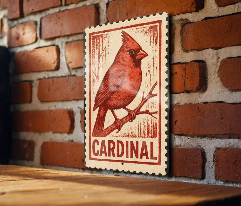 A red cardinal perched on a branch is displayed on a wooden surface against a brick wall.
