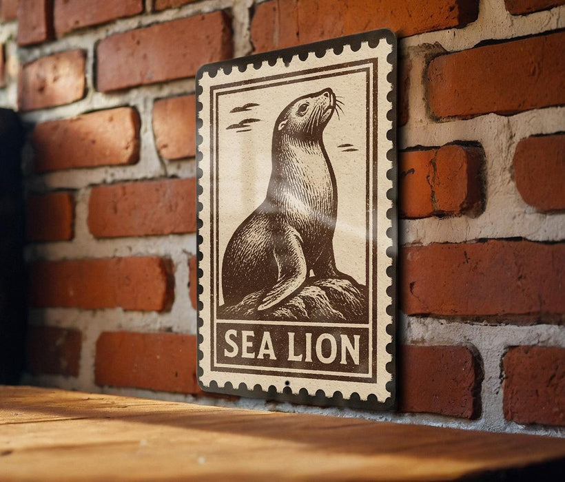 A metal sign featuring a sea lion on a brick wall.