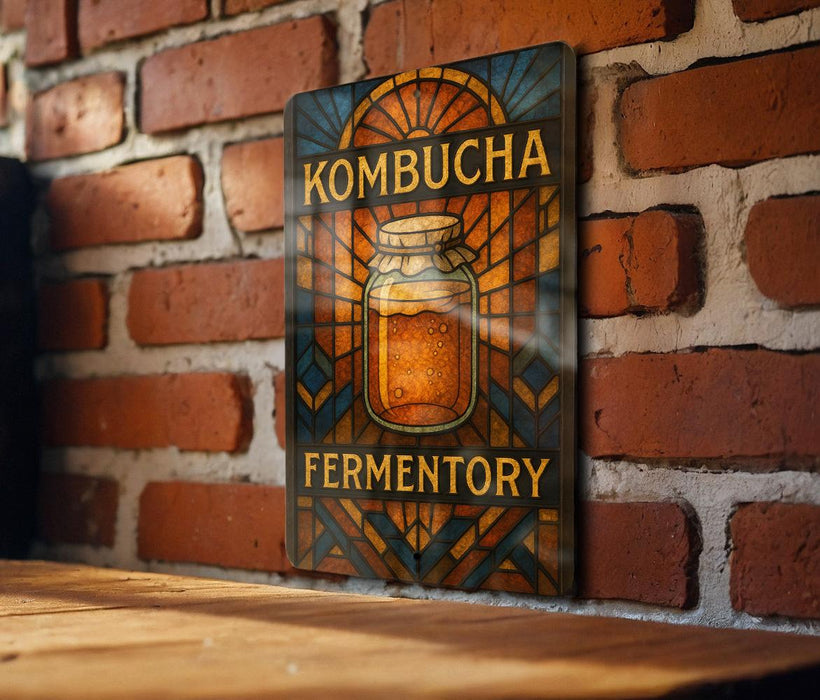 A colorful sign for a kombucha fermentation business, featuring a jar of kombucha and a decorative design.