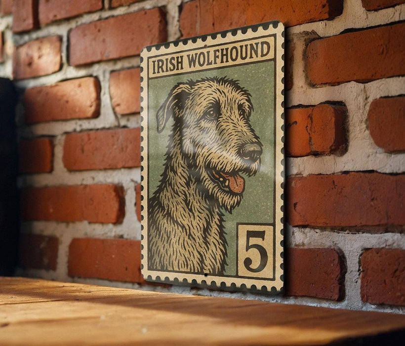 A vintage-style postage stamp featuring an illustration of an Irish wolfhound dog, with the number 5 below it.