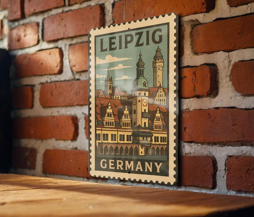 A vintage-style postage stamp depicting the Leipzig cityscape, with the word "GERMANY" printed below it, is displayed on a brick wall.