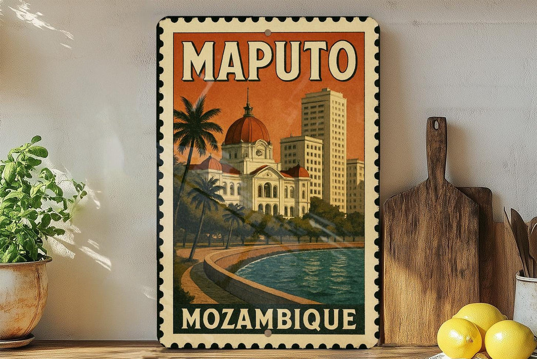 A vintage-style poster of Maputo, Mozambique, featuring a cityscape with a dome-shaped building and palm trees, displayed on a wall next to a wooden cutting board and a potted plant.
