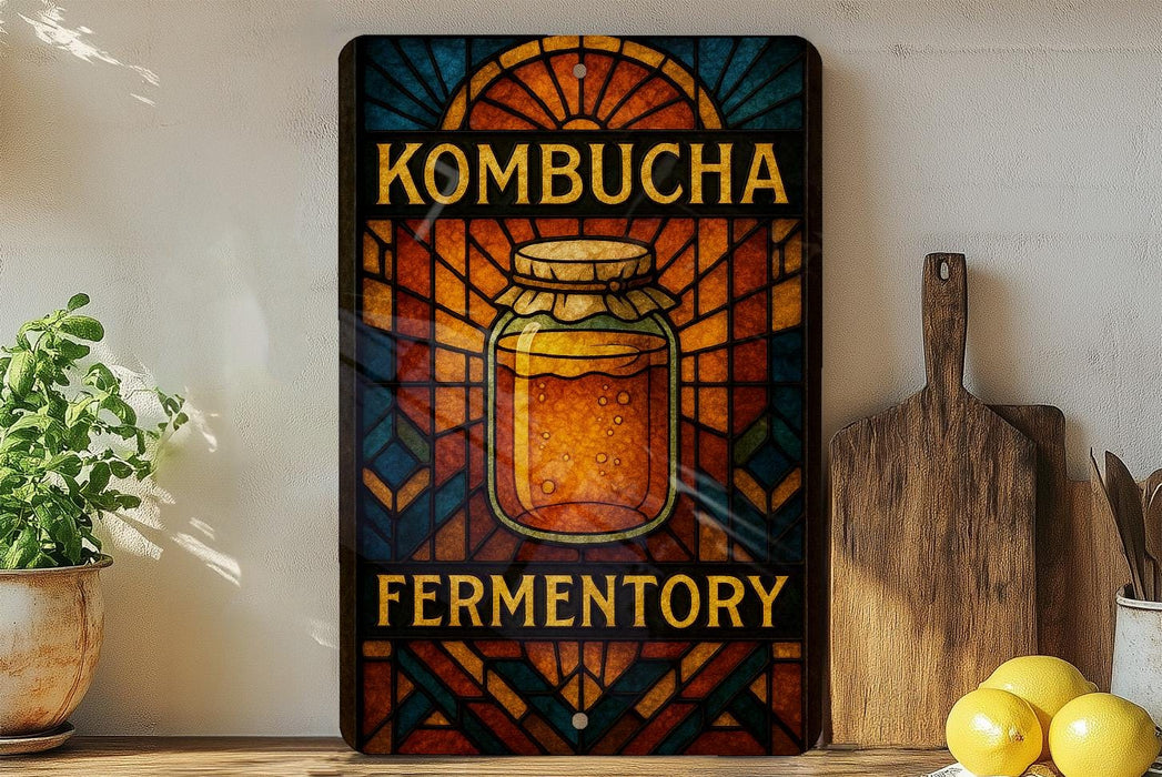 A colorful stained glass-style sign for "Kombucha Fermentation" is displayed on a shelf, accompanied by a wooden cutting board and a potted plant.