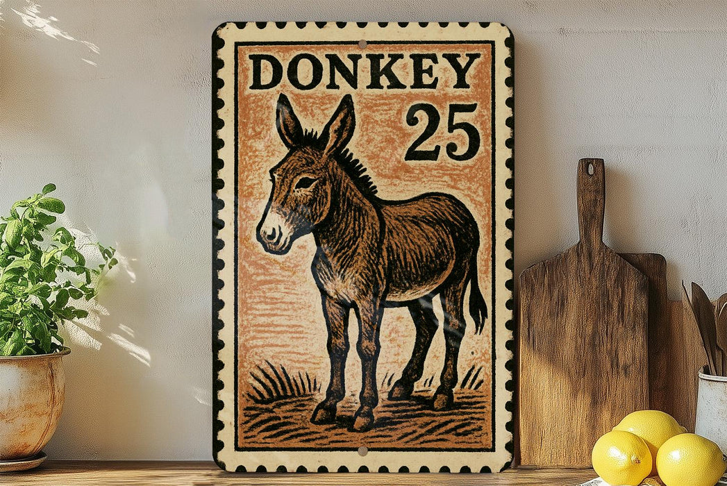 a wooden sign with a donkey illustration, placed on a wooden surface next to a wooden cutting board and some lemons.