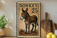 a wooden sign with a donkey illustration, placed on a wooden surface next to a wooden cutting board and some lemons.