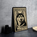 A framed poster of a Siberian husky dog is displayed on a wall, with a stack of black camera lenses and a woven basket visible to the side.