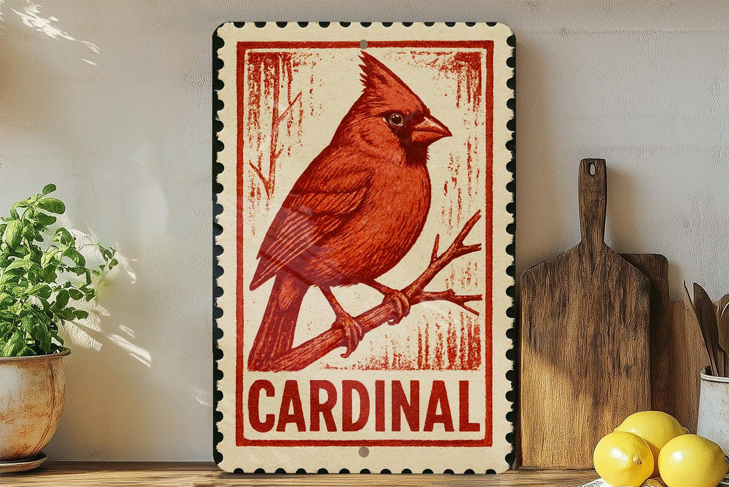 A red cardinal perched on a branch, with the word "CARDINAL" written below the image.