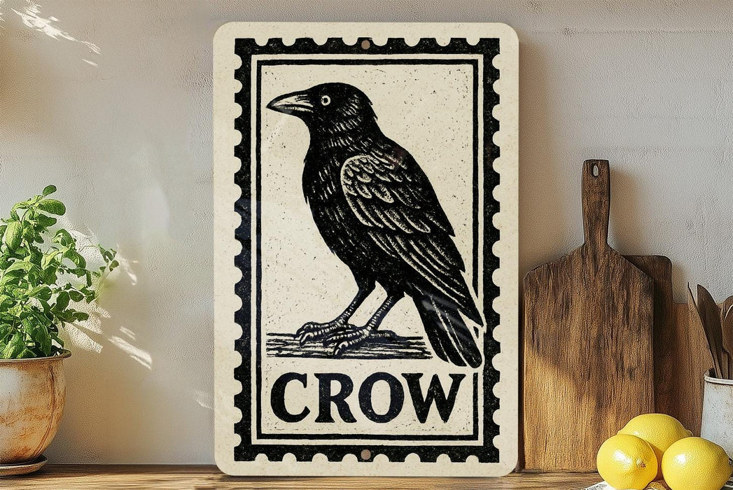 a black and white illustration of a crow on a wooden surface, with a wooden cutting board and a potted plant nearby.