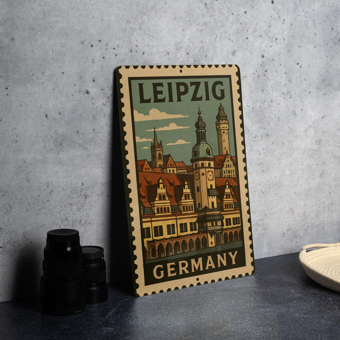 A metal sign with a vintage-style illustration of Leipzig, Germany, featuring the city's iconic buildings and landmarks.