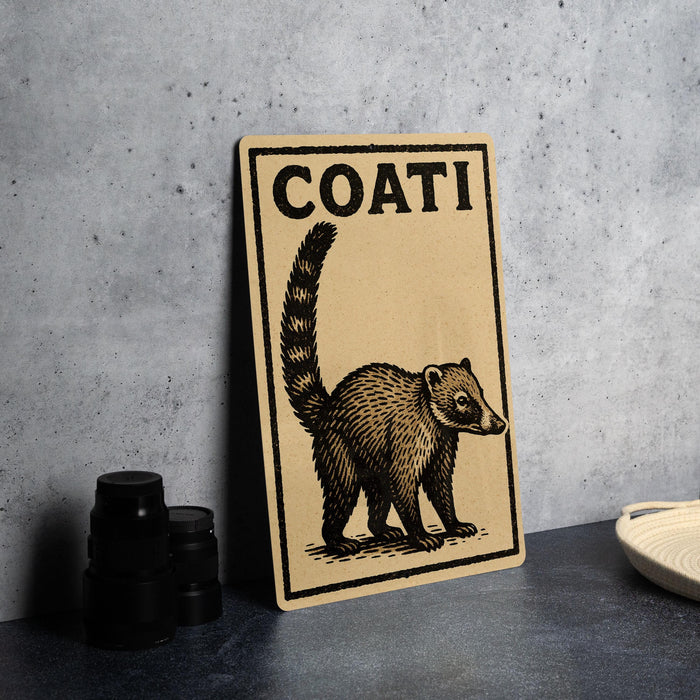 a wooden sign with a drawing of a raccoon, placed on a table next to some black camera lenses.