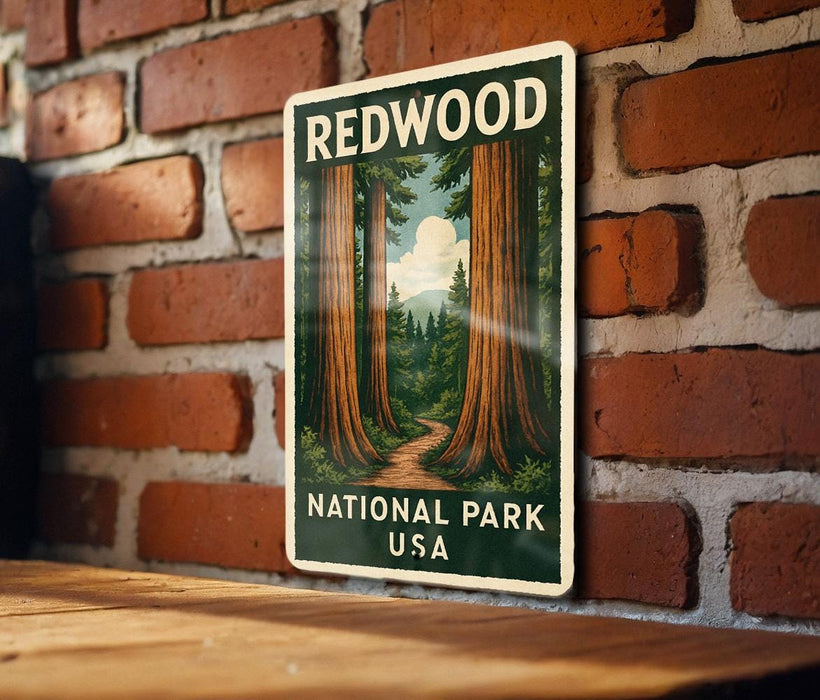 A vintage-style sign for Redwood National Park in the United States, featuring a scenic illustration of towering redwood trees and a winding path through the forest.