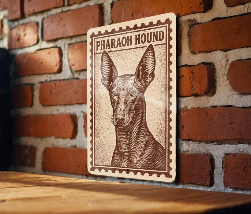 A wooden table with a brick wall in the background, featuring a framed illustration of a pharaoh hound dog.