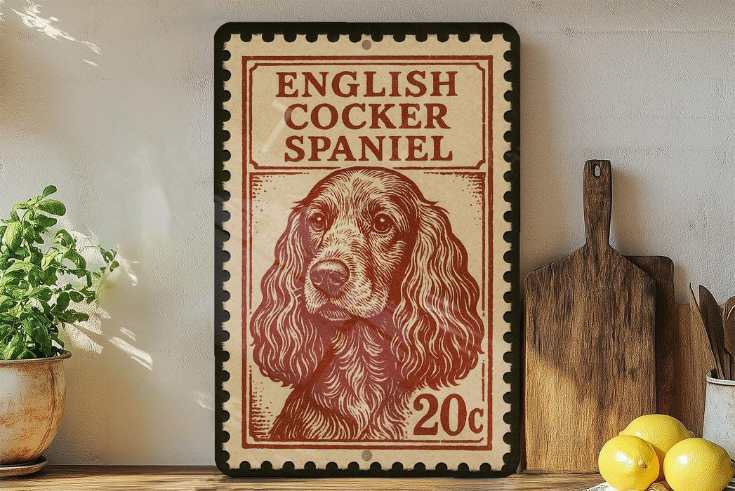 A framed illustration of an English Cocker Spaniel dog, with the text "English Cocker Spaniel" and "20c" printed on it, is displayed on a shelf next to a wooden cutting board and some lemons.