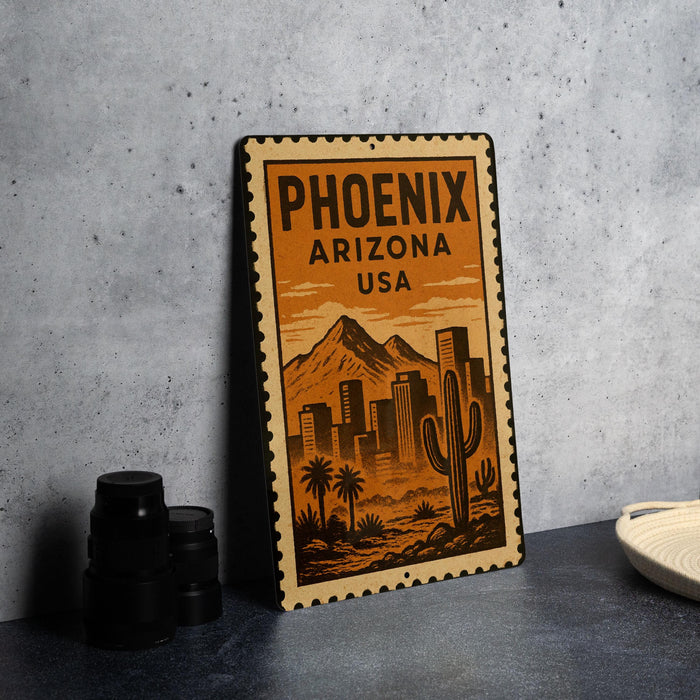 A vintage-style metal sign with the text "PHOENIX ARIZONA USA" printed on it, depicting a desert landscape with mountains and a cactus in the foreground.