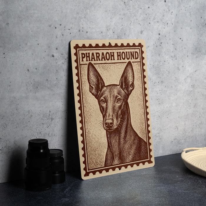 a poster of a pharaoh hound dog, which is a small, medium-sized hound breed known for its distinctive appearance and history.