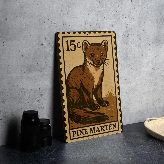 A 15 cent postage stamp featuring a pine marten, a small brown and white animal, is displayed on a table.