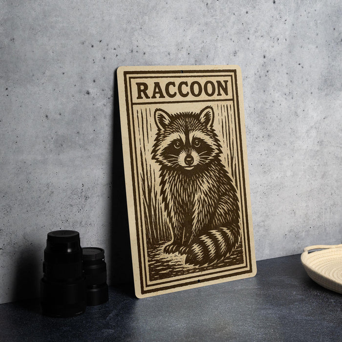 a wooden sign with a raccoon illustration on it, placed on a countertop next to some black camera lenses.