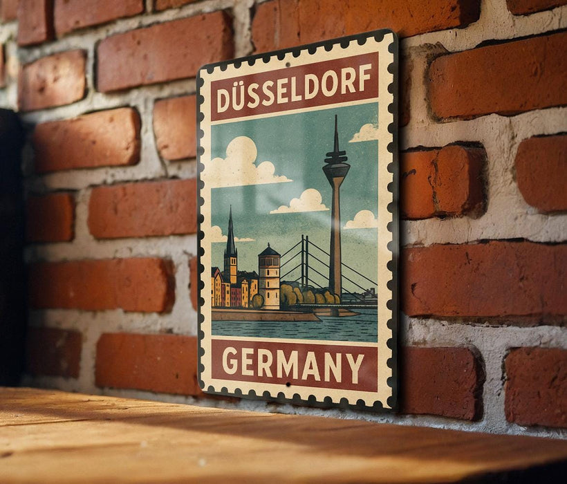 A vintage-style poster of Düsseldorf, Germany, featuring the city's iconic landmarks and skyline, is displayed on a brick wall.