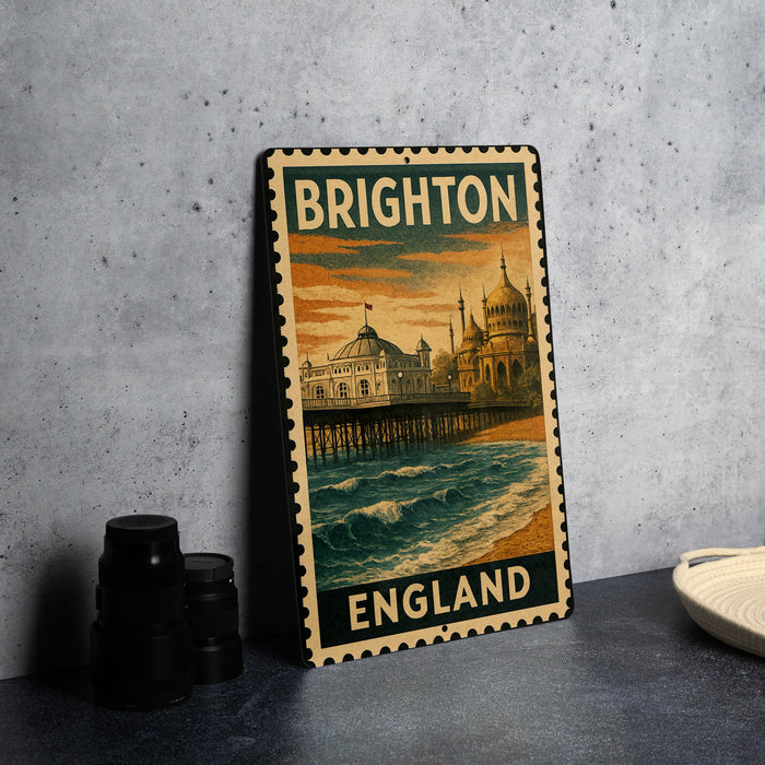 A vintage-style metal stamp depicting a coastal scene in Brighton, England, with a pier and buildings in the background.