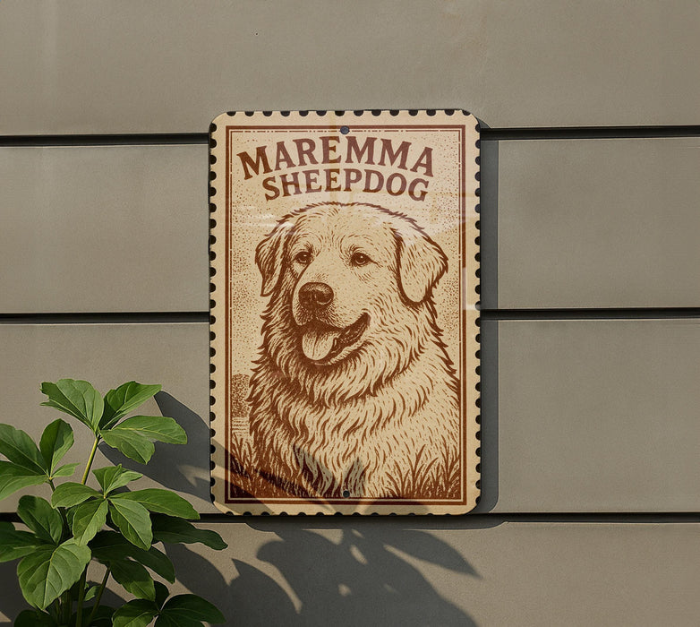A sign featuring a large illustration of a golden retriever dog, with the text "Maremma Sheepdog" prominently displayed.