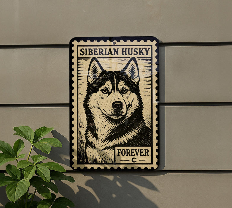 A metal sign featuring a black and white illustration of a Siberian Husky dog, with the text "SIBERIAN HUSKY" and "FREVER" below the image.
