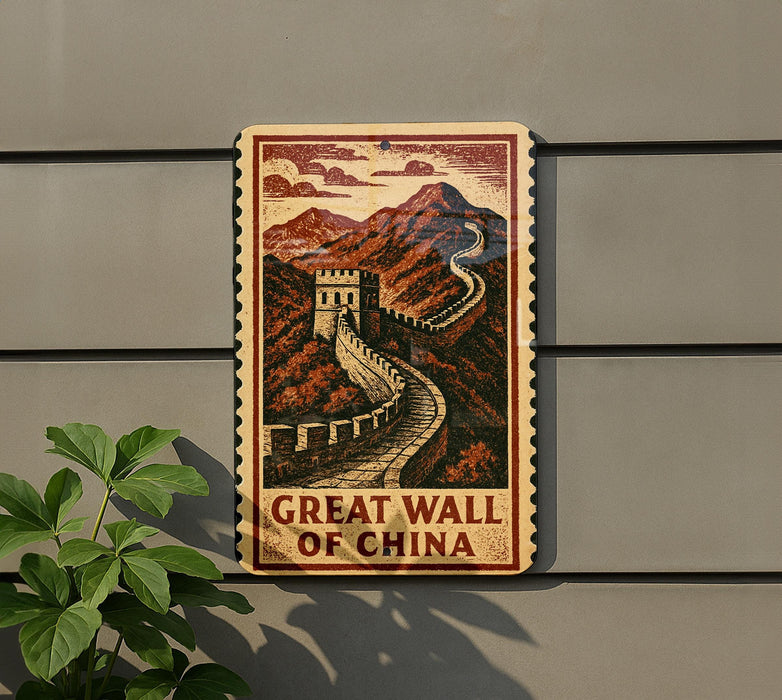 A sign depicting the Great Wall of China, with a mountain and a castle in the background.
