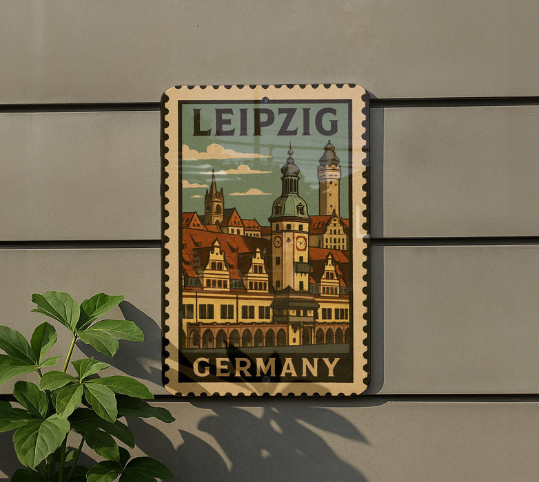 A framed poster of Leipzig, Germany, featuring a cityscape with buildings and a clock tower, is displayed on a wall.