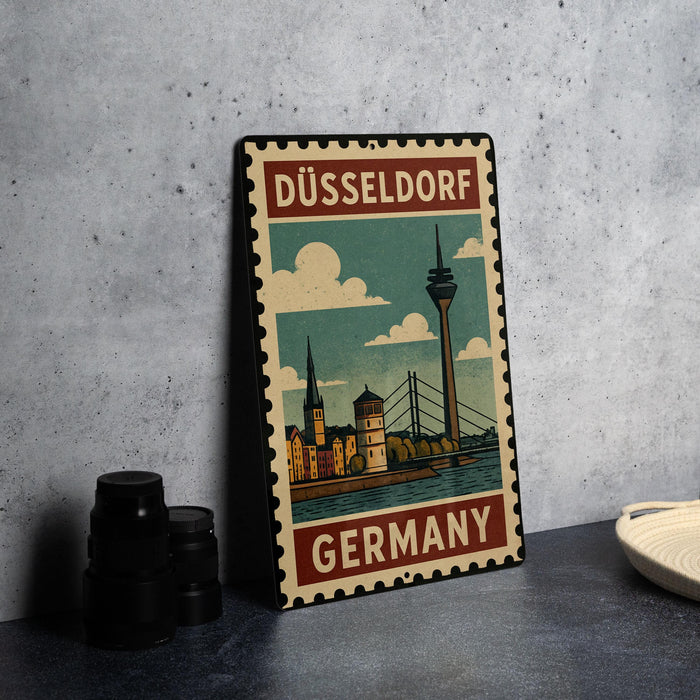A vintage-style metal stamp depicting the Düsseldorf Tower in Germany, with a cityscape and a cloudy sky in the background.