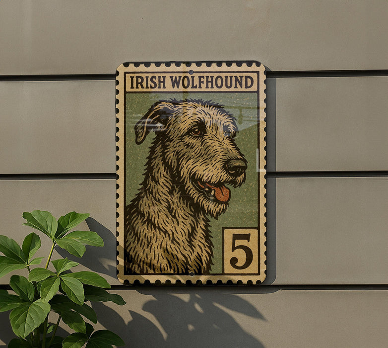 a large, detailed illustration of an Irish Wolfhound dog on a postage stamp-like frame.