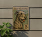 a large, detailed illustration of an Irish Wolfhound dog on a postage stamp-like frame.