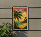 A vintage-style postage stamp depicting a tropical beach scene with palm trees, a sunset, and a body of water.