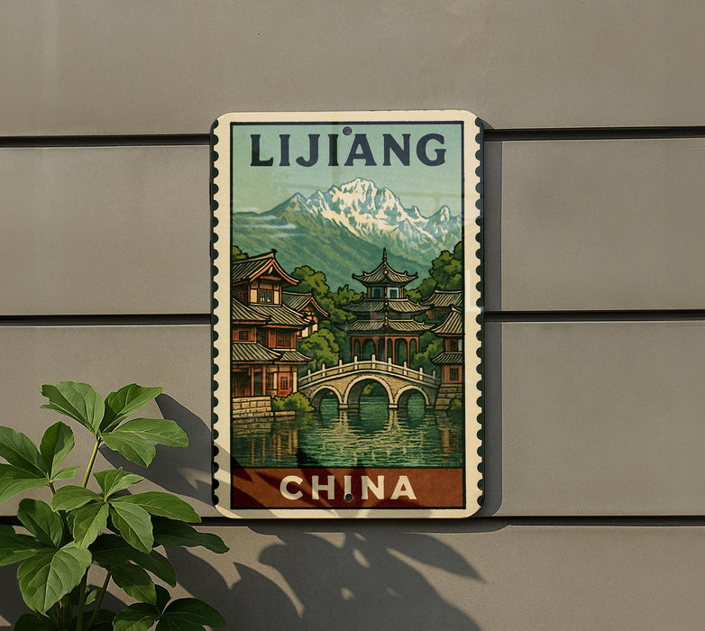 A vintage-style poster of a Chinese village with mountains in the background, featuring traditional Chinese architecture and a bridge over a river.